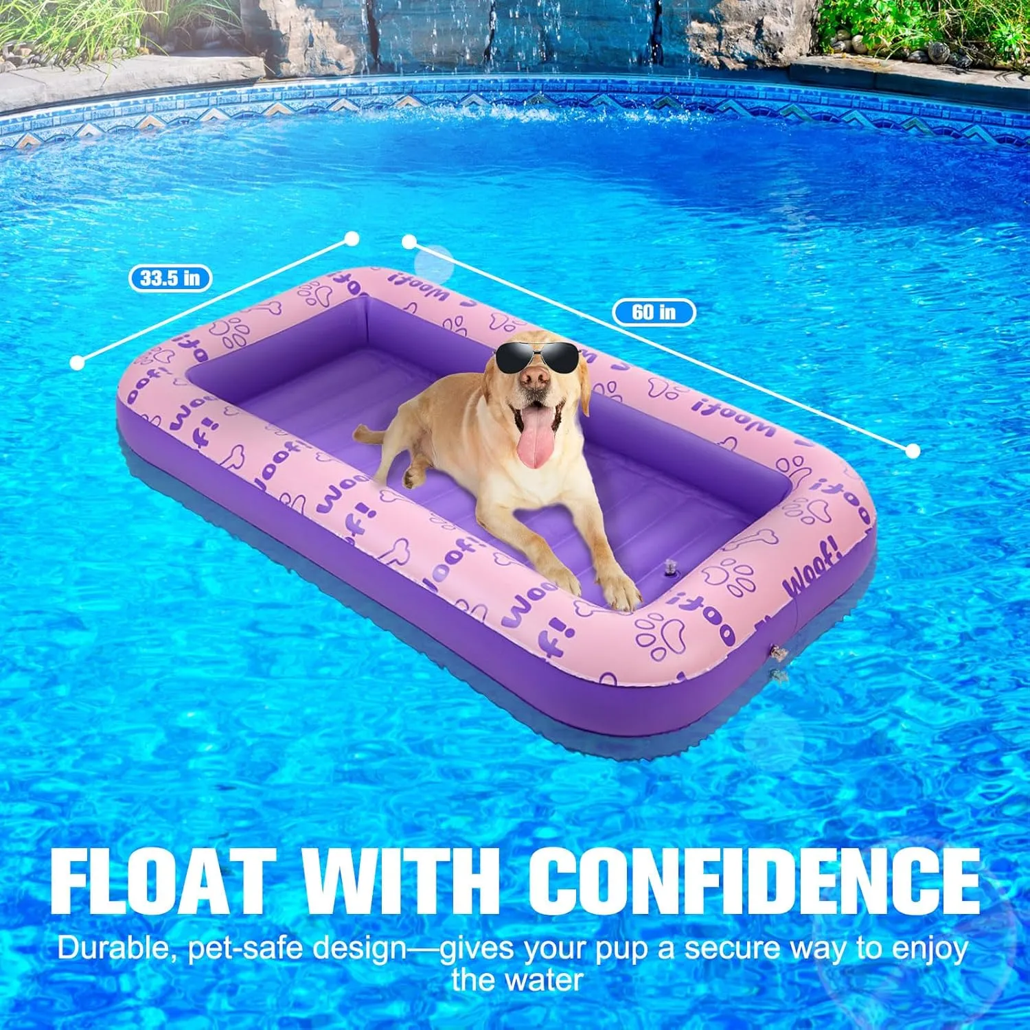 BINGPET Inflatable Dog Floating Raft for Summer Pool, Durable and Foldable Pet Pool Rafts & Inflatable Ride-ons, with Cute Footprint and Bone Patterns, Hold Up to 100 pounds (Pink)