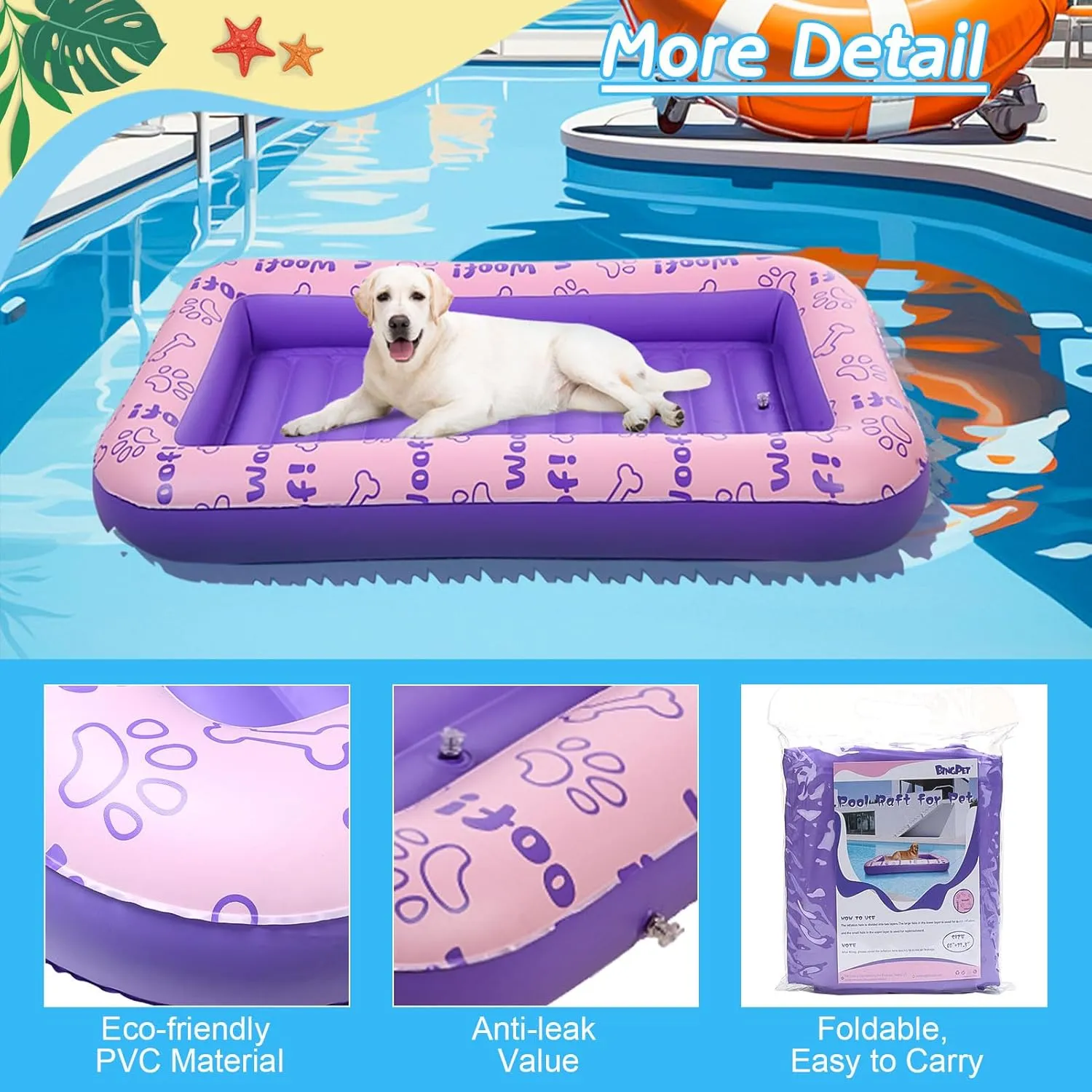 BINGPET Inflatable Dog Floating Raft for Summer Pool, Durable and Foldable Pet Pool Rafts & Inflatable Ride-ons, with Cute Footprint and Bone Patterns, Hold Up to 100 pounds (Pink)