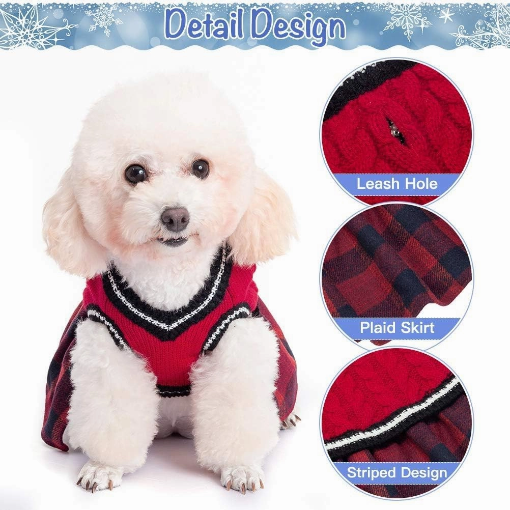 BINGPET Dog & Cat Sweater Dress Plaid, Christmas Turtleneck Clothes with Leash Hole V-Neck Knitwear Pet Sweater One-Piece Dress for Small & Medium Dogs & Cats
