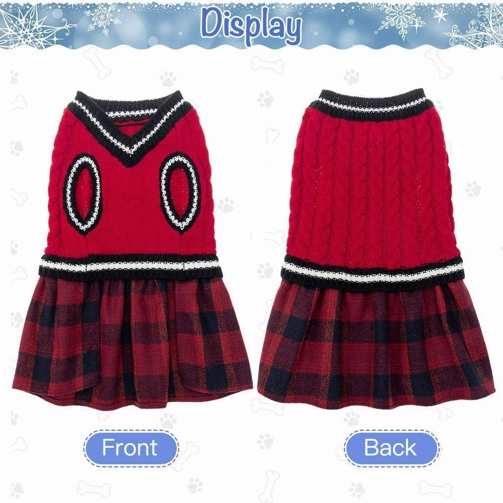 BINGPET Dog & Cat Sweater Dress Plaid, Christmas Turtleneck Clothes with Leash Hole V-Neck Knitwear Pet Sweater One-Piece Dress for Small & Medium Dogs & Cats