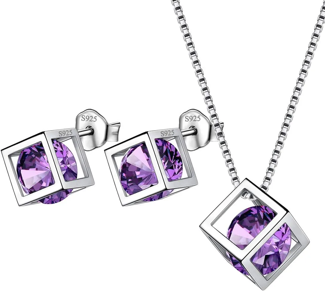 Birthstone Necklace/Earring 925 Sterling Silver Women Cross/3D Cube/Cresent Moon Birth Stone Jewelry Mens Birthday Gift Anniversary Present
