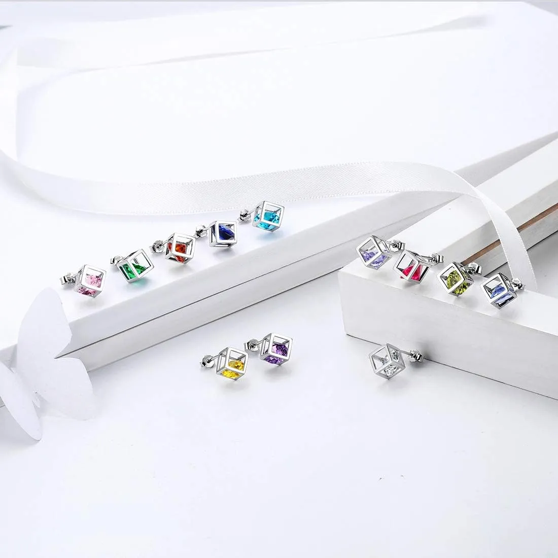 Birthstone Necklace/Earring 925 Sterling Silver Women Cross/3D Cube/Cresent Moon Birth Stone Jewelry Mens Birthday Gift Anniversary Present