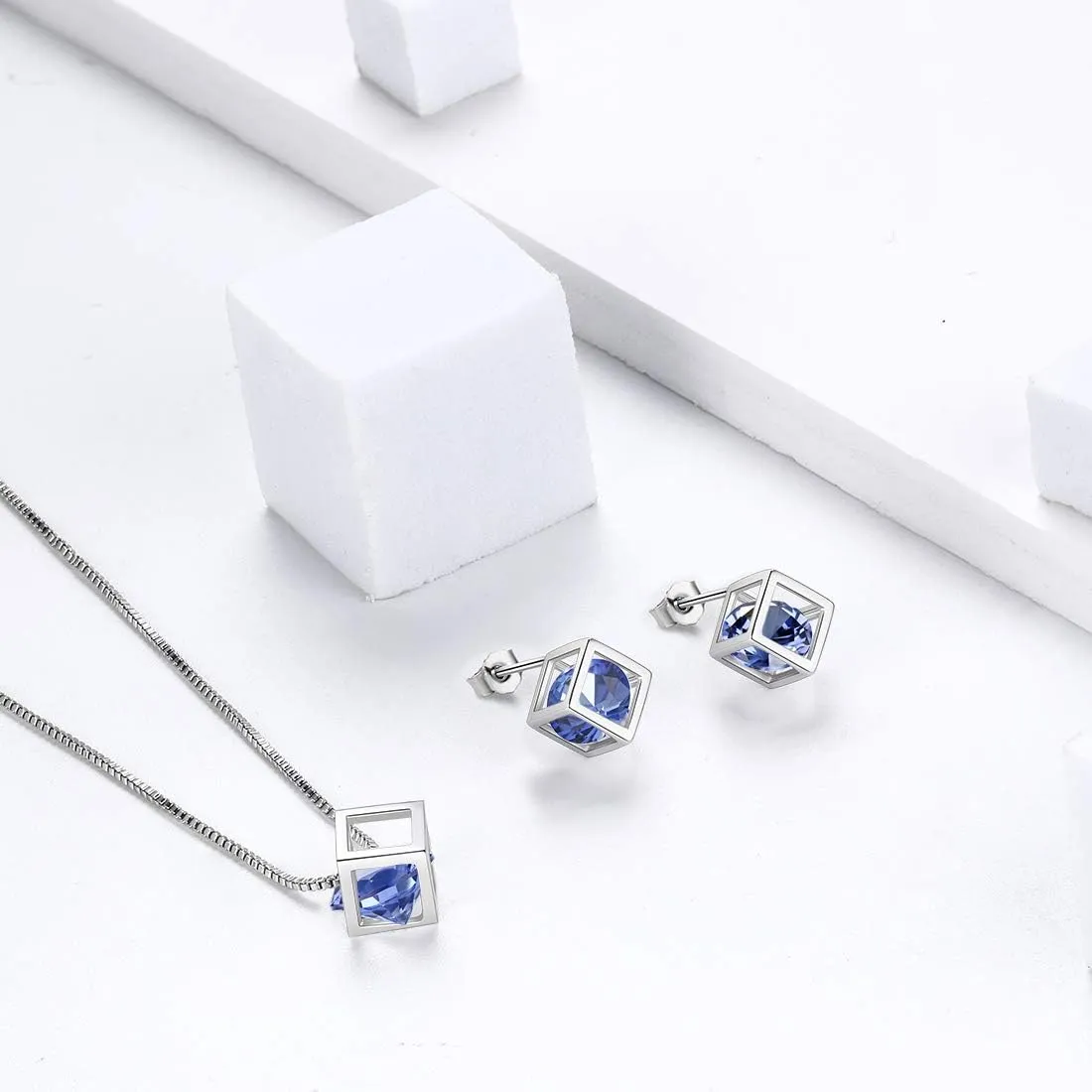 Birthstone Necklace/Earring 925 Sterling Silver Women Cross/3D Cube/Cresent Moon Birth Stone Jewelry Mens Birthday Gift Anniversary Present