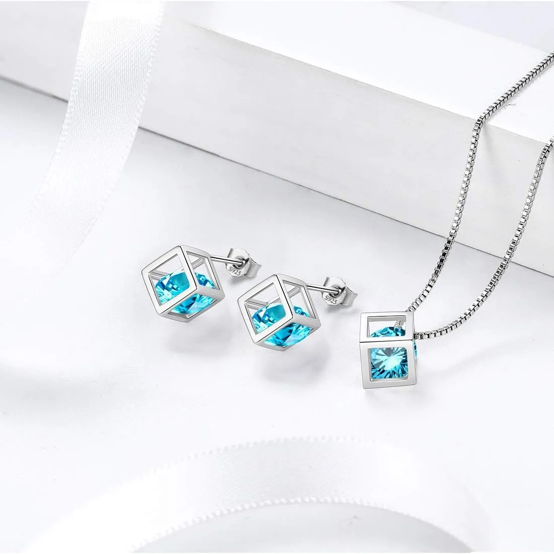 Birthstone Necklace/Earring 925 Sterling Silver Women Cross/3D Cube/Cresent Moon Birth Stone Jewelry Mens Birthday Gift Anniversary Present