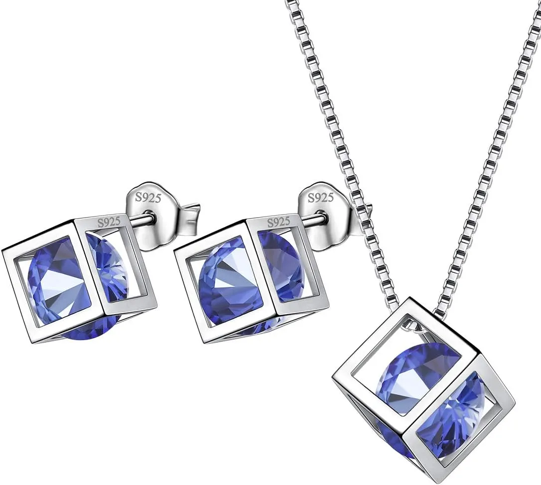 Birthstone Necklace/Earring 925 Sterling Silver Women Cross/3D Cube/Cresent Moon Birth Stone Jewelry Mens Birthday Gift Anniversary Present
