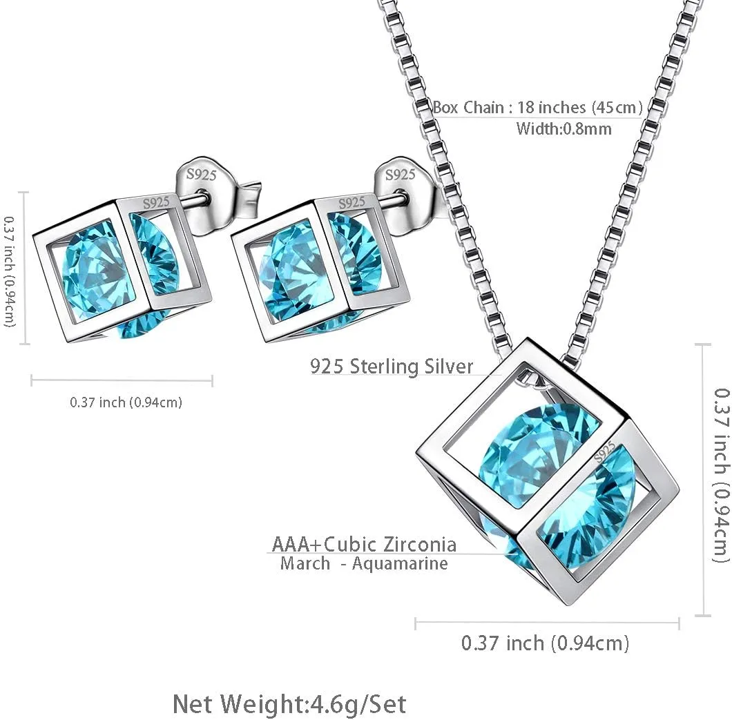 Birthstone Necklace/Earring 925 Sterling Silver Women Cross/3D Cube/Cresent Moon Birth Stone Jewelry Mens Birthday Gift Anniversary Present