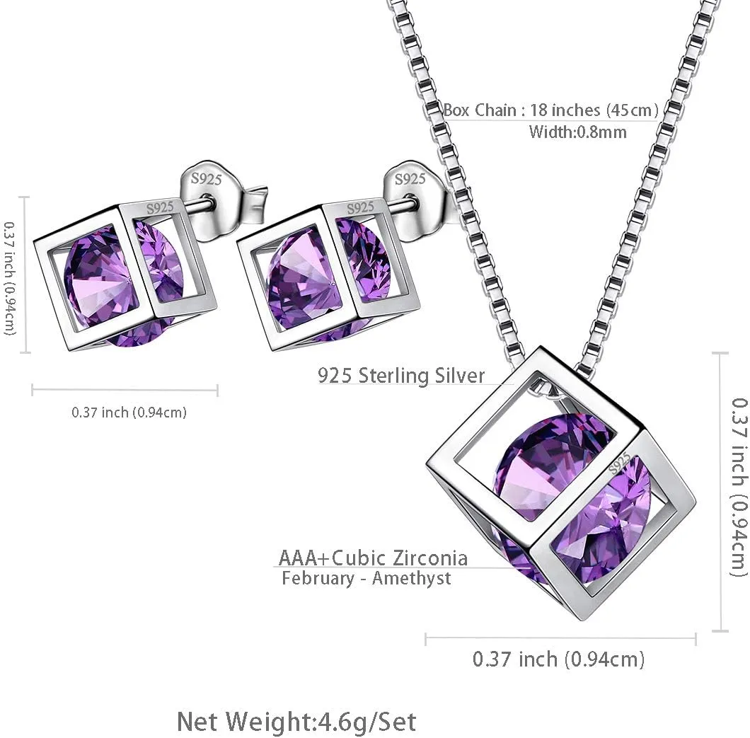 Birthstone Necklace/Earring 925 Sterling Silver Women Cross/3D Cube/Cresent Moon Birth Stone Jewelry Mens Birthday Gift Anniversary Present