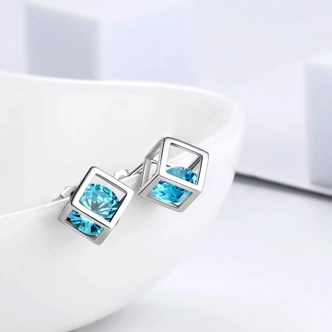 Birthstone Necklace/Earring 925 Sterling Silver Women Cross/3D Cube/Cresent Moon Birth Stone Jewelry Mens Birthday Gift Anniversary Present