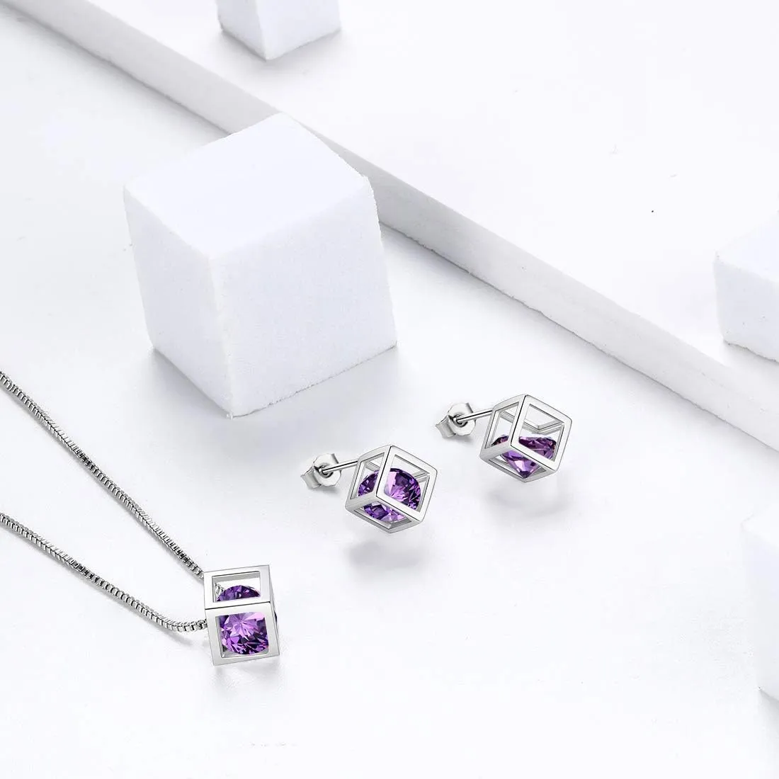 Birthstone Necklace/Earring 925 Sterling Silver Women Cross/3D Cube/Cresent Moon Birth Stone Jewelry Mens Birthday Gift Anniversary Present