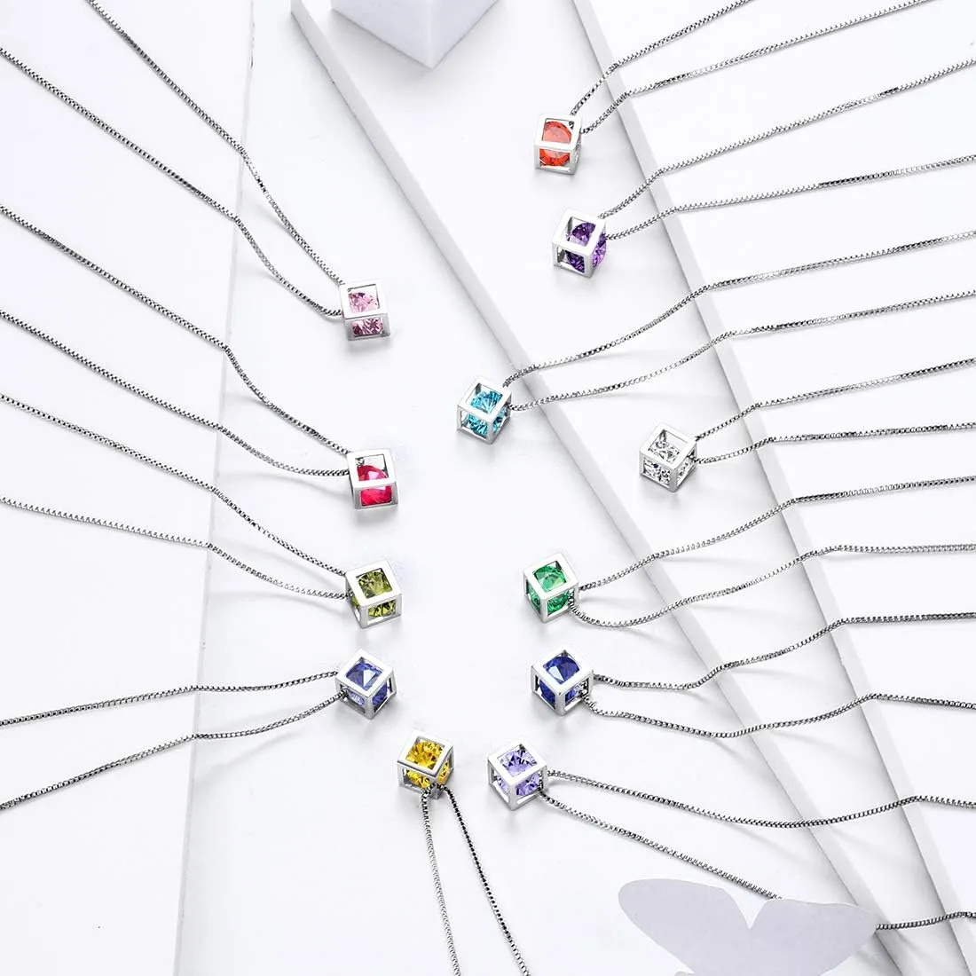 Birthstone Necklace/Earring 925 Sterling Silver Women Cross/3D Cube/Cresent Moon Birth Stone Jewelry Mens Birthday Gift Anniversary Present