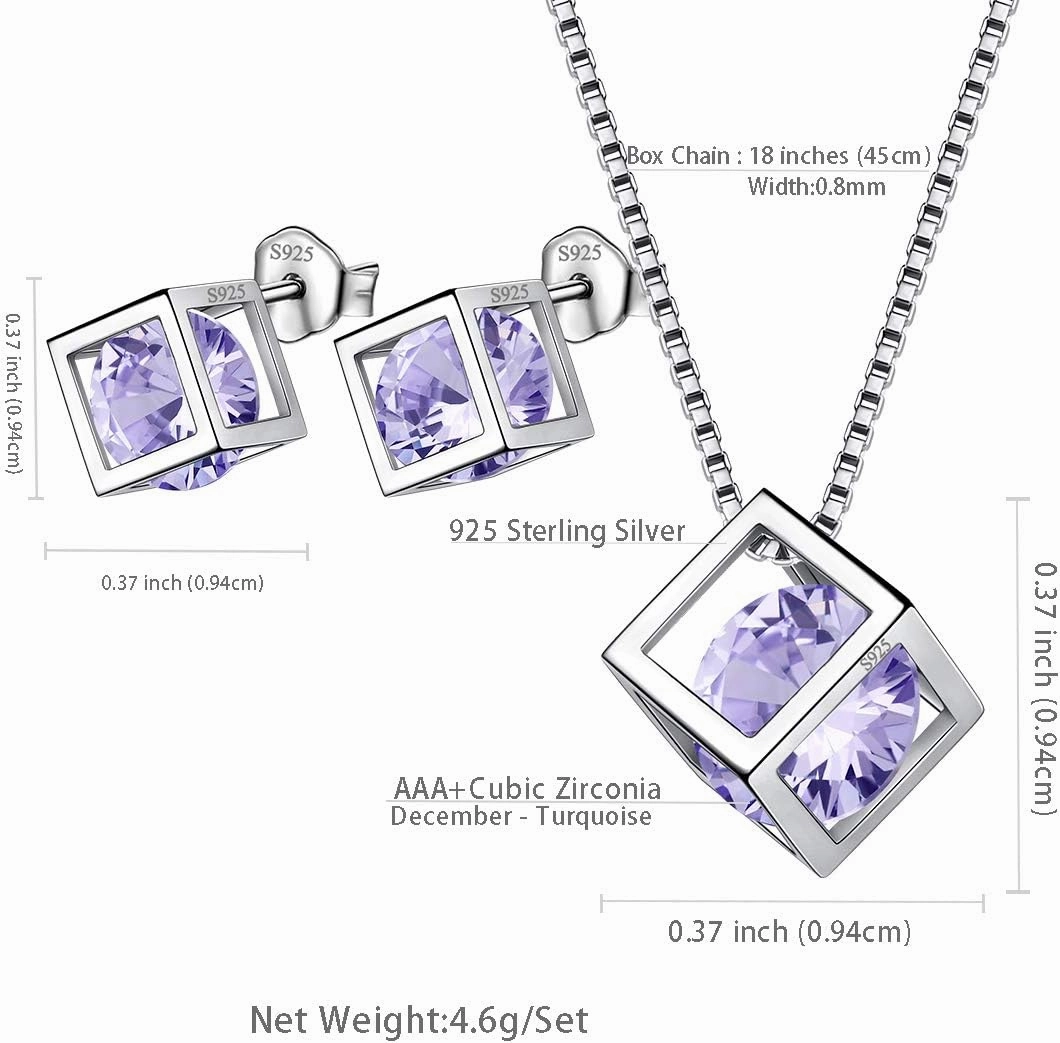 Birthstone Necklace/Earring 925 Sterling Silver Women Cross/3D Cube/Cresent Moon Birth Stone Jewelry Mens Birthday Gift Anniversary Present