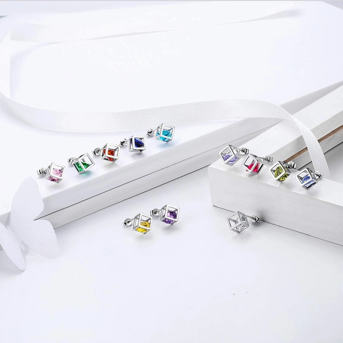 Birthstone Necklace/Earring 925 Sterling Silver Women Cross/3D Cube/Cresent Moon Birth Stone Jewelry Mens Birthday Gift Anniversary Present