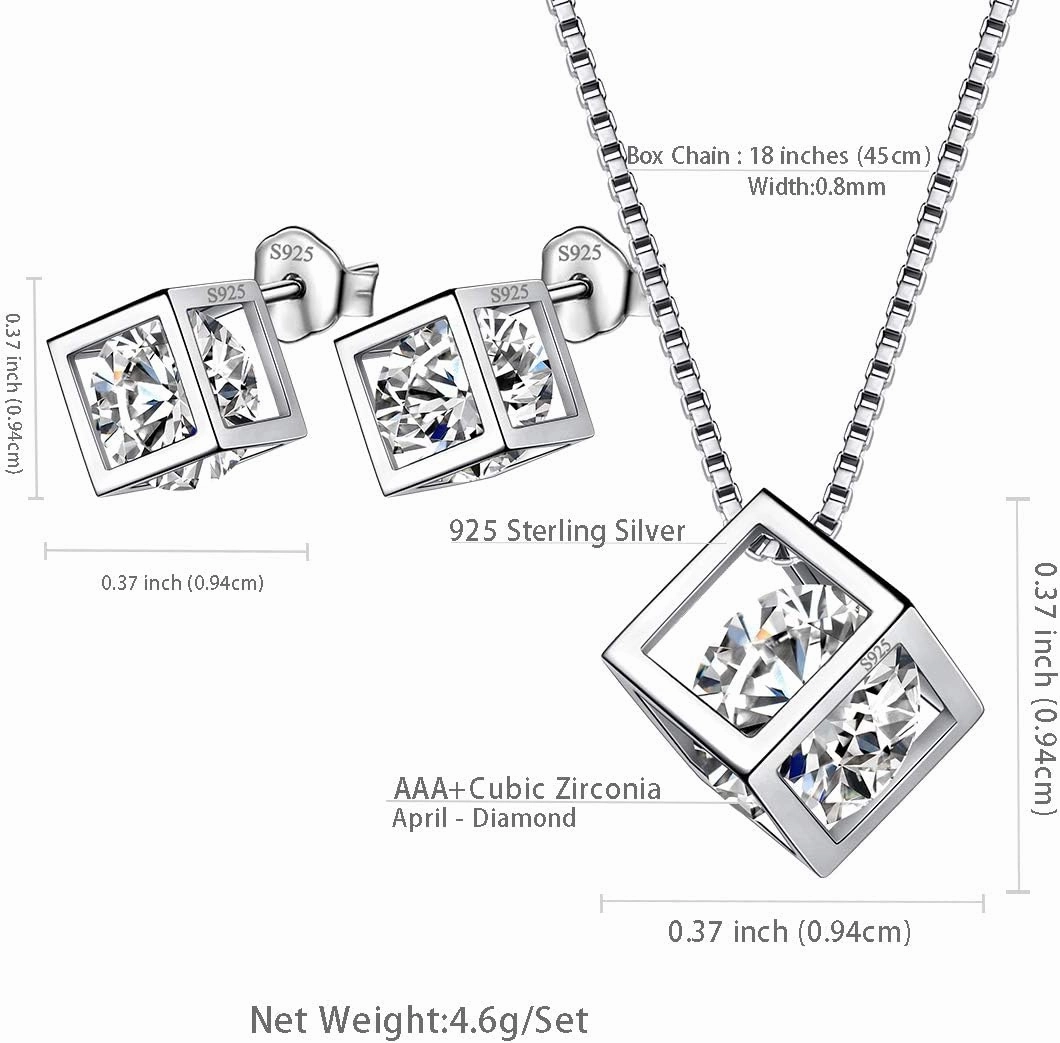 Birthstone Necklace/Earring 925 Sterling Silver Women Cross/3D Cube/Cresent Moon Birth Stone Jewelry Mens Birthday Gift Anniversary Present
