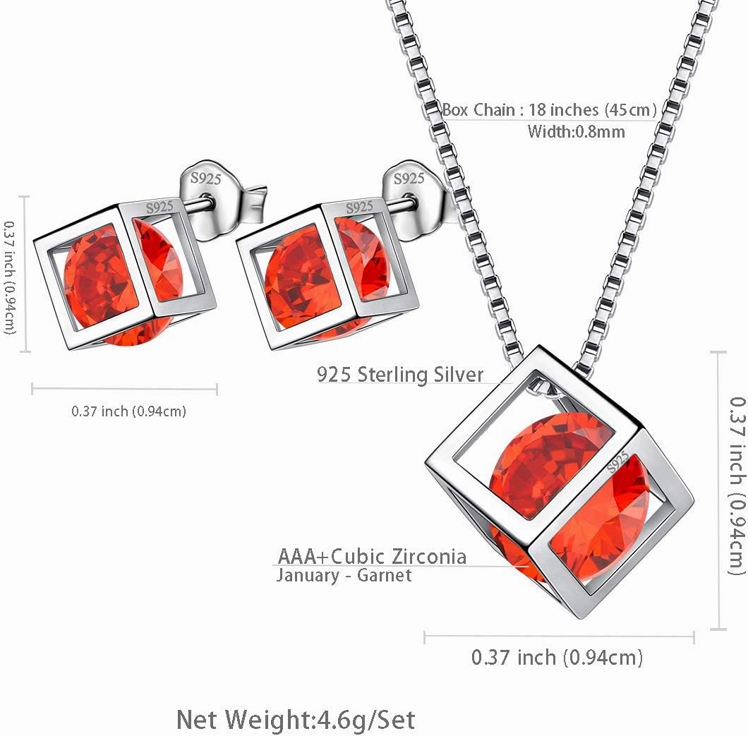Birthstone Necklace/Earring 925 Sterling Silver Women Cross/3D Cube/Cresent Moon Birth Stone Jewelry Mens Birthday Gift Anniversary Present