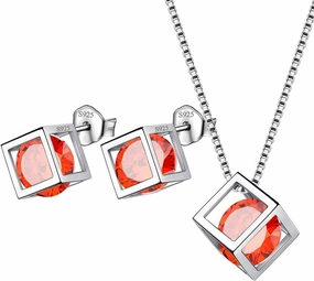 Birthstone Necklace/Earring 925 Sterling Silver Women Cross/3D Cube/Cresent Moon Birth Stone Jewelry Mens Birthday Gift Anniversary Present