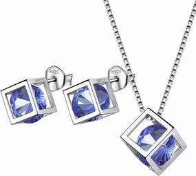 Birthstone Necklace/Earring 925 Sterling Silver Women Cross/3D Cube/Cresent Moon Birth Stone Jewelry Mens Birthday Gift Anniversary Present