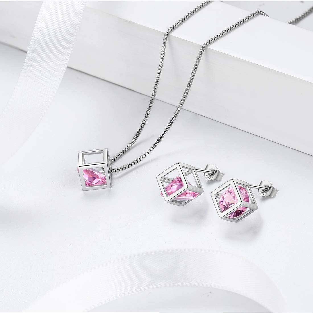 Birthstone Necklace/Earring 925 Sterling Silver Women Cross/3D Cube/Cresent Moon Birth Stone Jewelry Mens Birthday Gift Anniversary Present