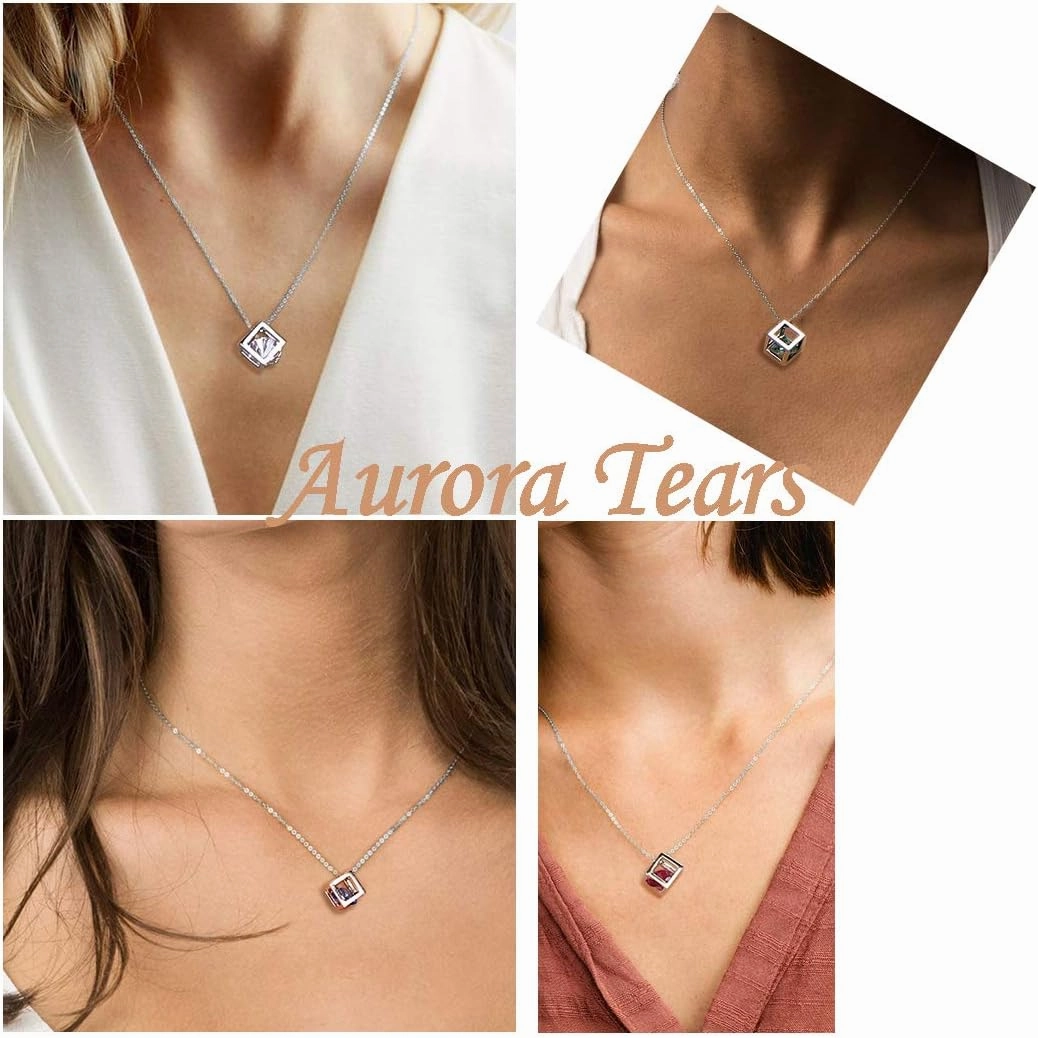 Birthstone Necklace/Earring 925 Sterling Silver Women Cross/3D Cube/Cresent Moon Birth Stone Jewelry Mens Birthday Gift Anniversary Present
