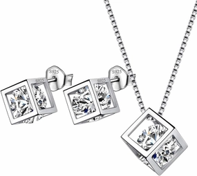 Birthstone Necklace/Earring 925 Sterling Silver Women Cross/3D Cube/Cresent Moon Birth Stone Jewelry Mens Birthday Gift Anniversary Present
