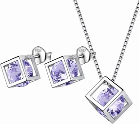 Birthstone Necklace/Earring 925 Sterling Silver Women Cross/3D Cube/Cresent Moon Birth Stone Jewelry Mens Birthday Gift Anniversary Present