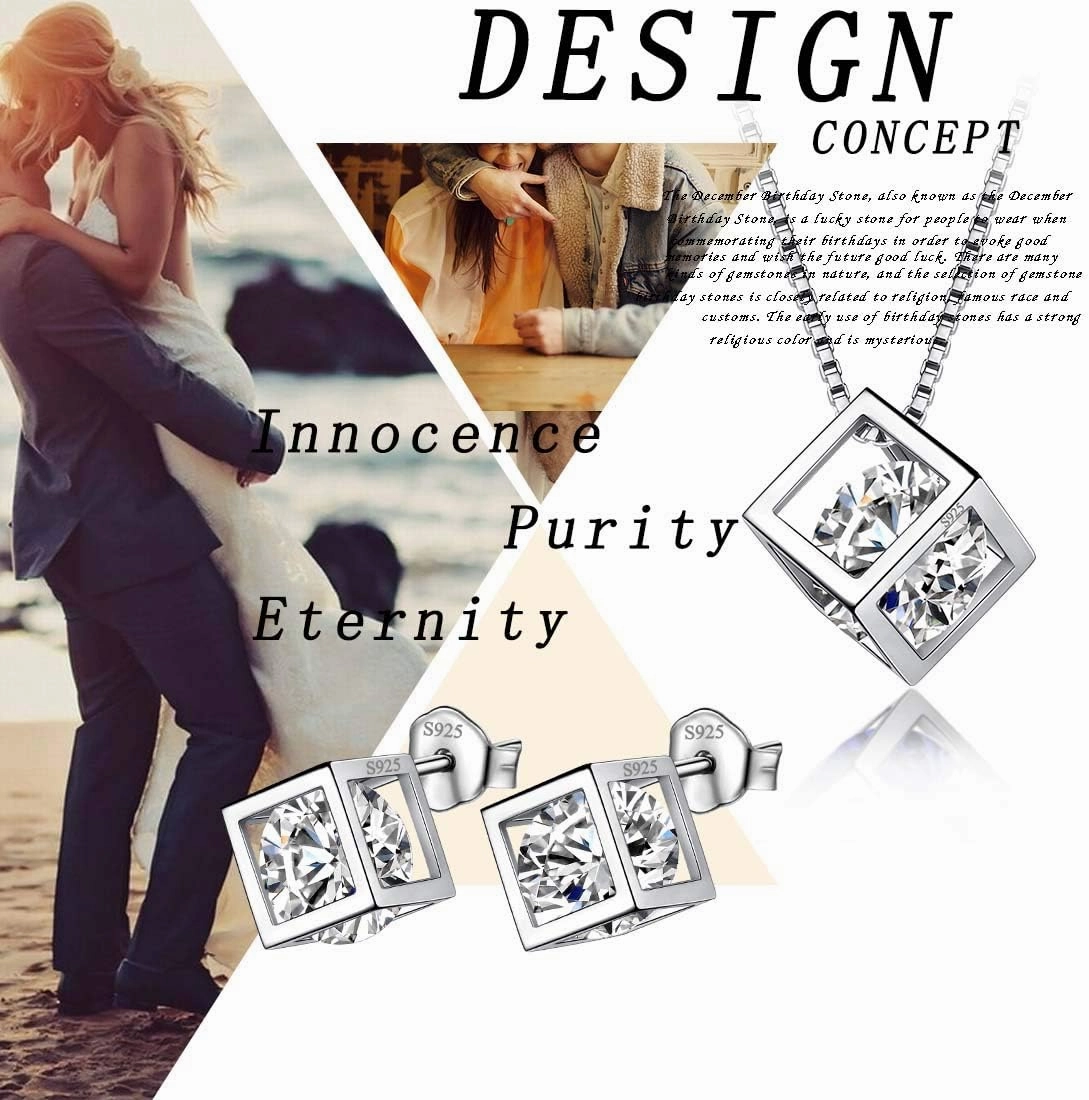 Birthstone Necklace/Earring 925 Sterling Silver Women Cross/3D Cube/Cresent Moon Birth Stone Jewelry Mens Birthday Gift Anniversary Present