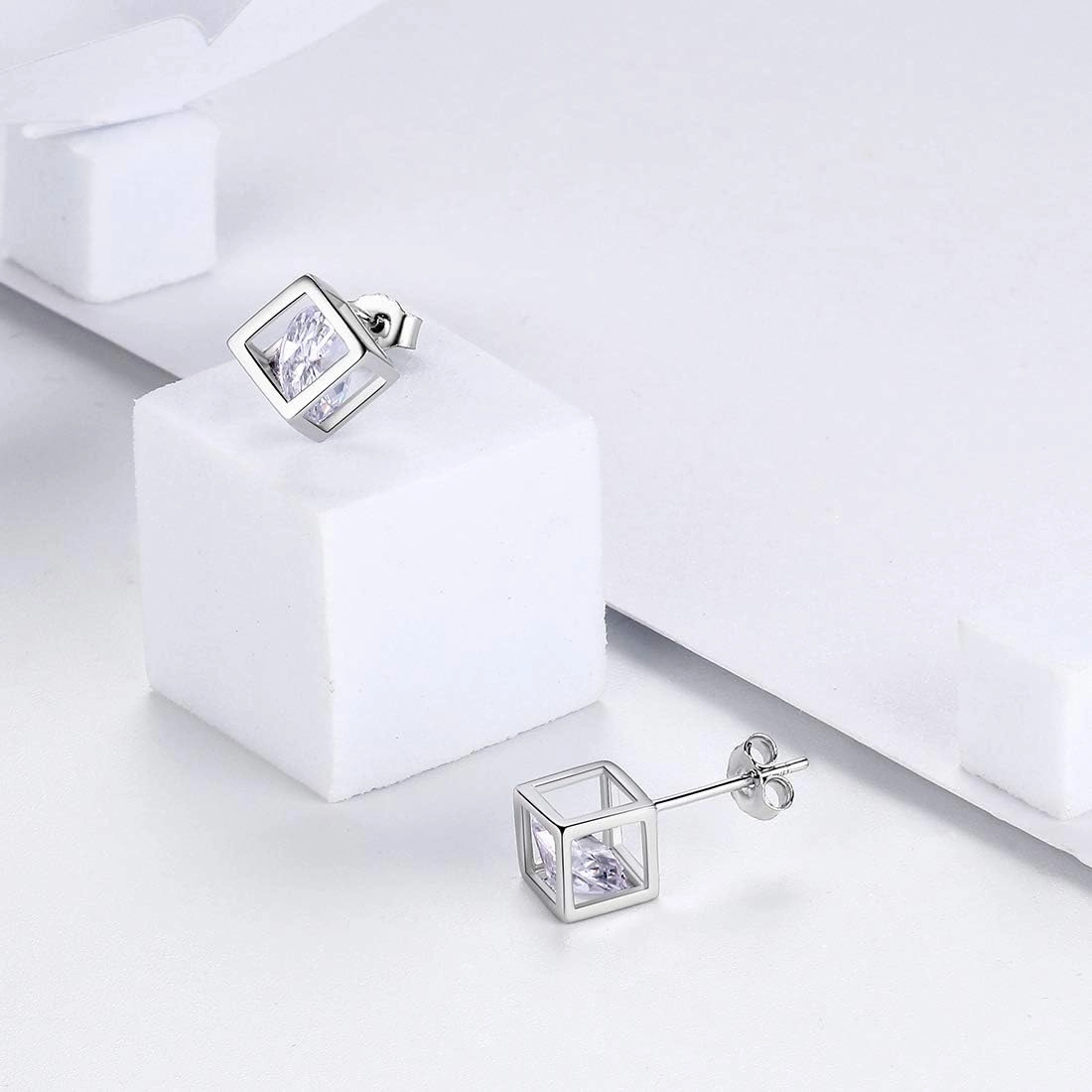 Birthstone Necklace/Earring 925 Sterling Silver Women Cross/3D Cube/Cresent Moon Birth Stone Jewelry Mens Birthday Gift Anniversary Present