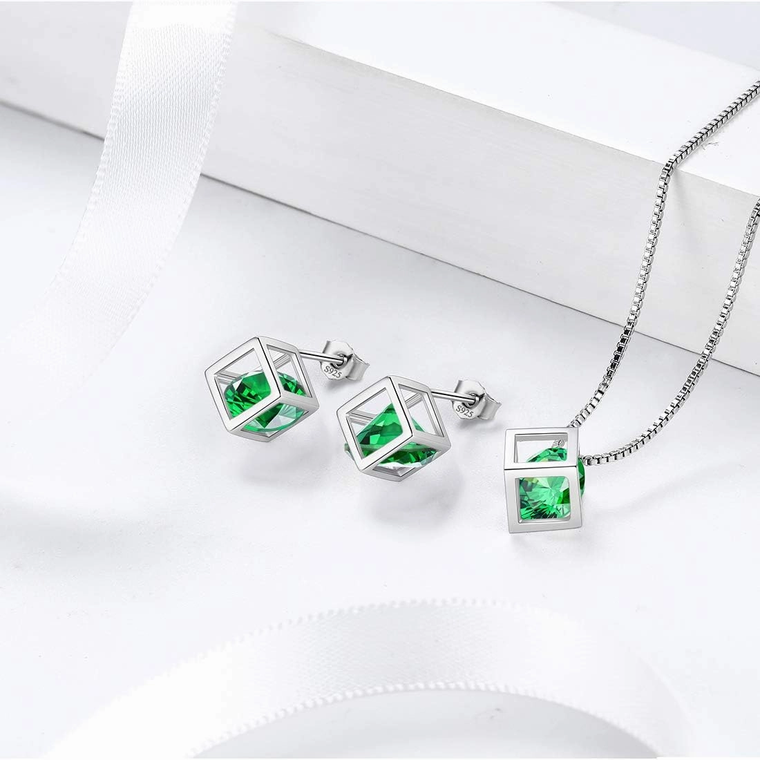 Birthstone Necklace/Earring 925 Sterling Silver Women Cross/3D Cube/Cresent Moon Birth Stone Jewelry Mens Birthday Gift Anniversary Present
