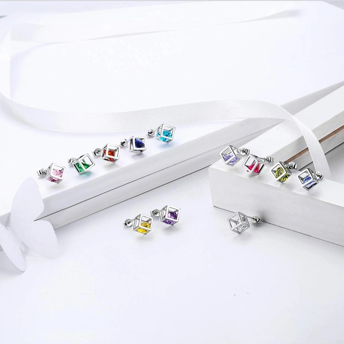 Birthstone Necklace/Earring 925 Sterling Silver Women Cross/3D Cube/Cresent Moon Birth Stone Jewelry Mens Birthday Gift Anniversary Present