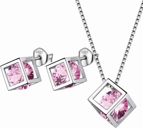 Birthstone Necklace/Earring 925 Sterling Silver Women Cross/3D Cube/Cresent Moon Birth Stone Jewelry Mens Birthday Gift Anniversary Present