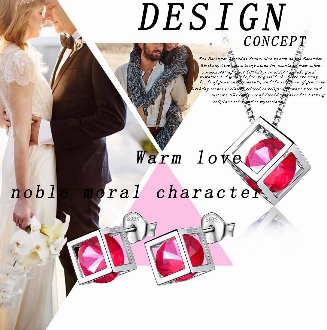 Birthstone Necklace/Earring 925 Sterling Silver Women Cross/3D Cube/Cresent Moon Birth Stone Jewelry Mens Birthday Gift Anniversary Present