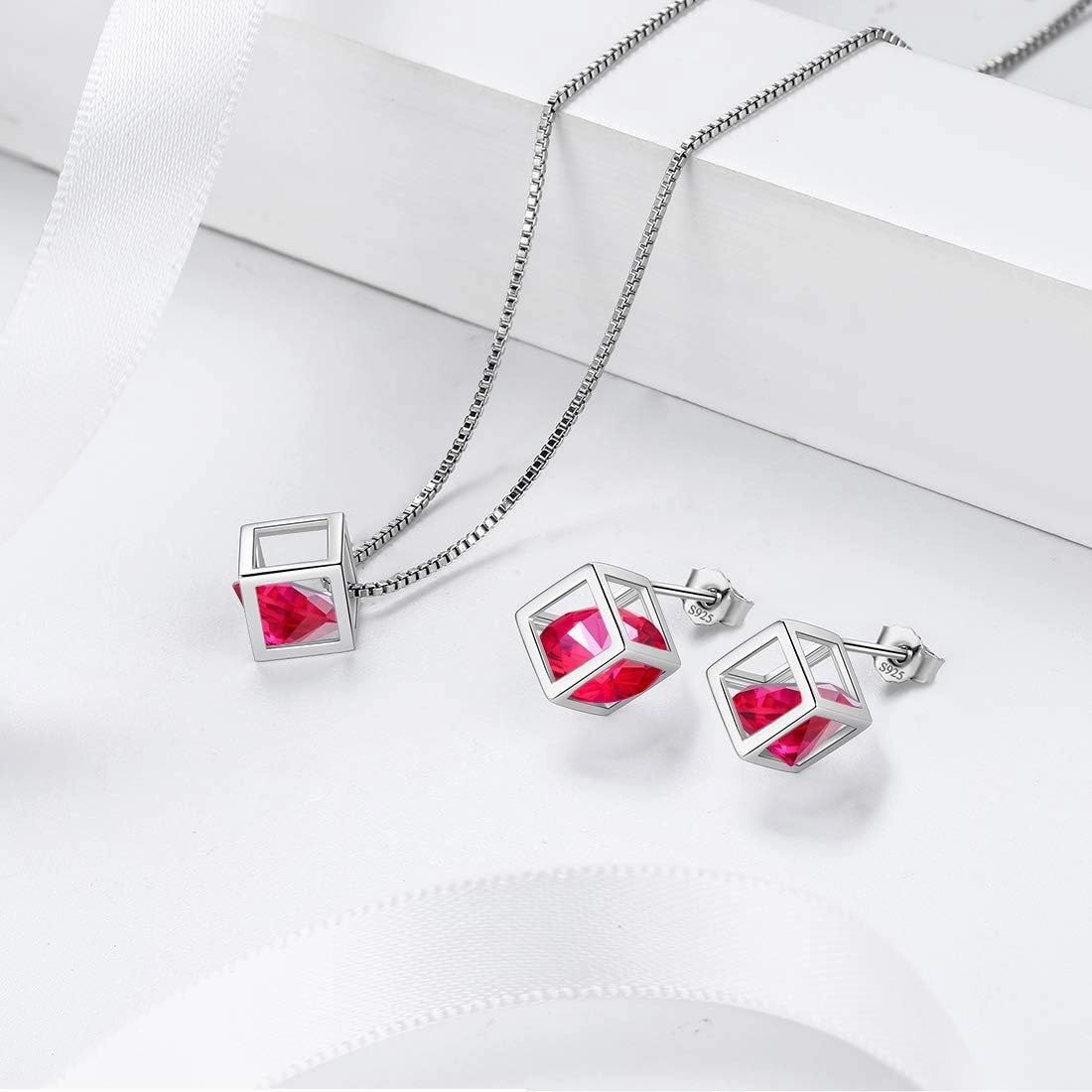 Birthstone Necklace/Earring 925 Sterling Silver Women Cross/3D Cube/Cresent Moon Birth Stone Jewelry Mens Birthday Gift Anniversary Present
