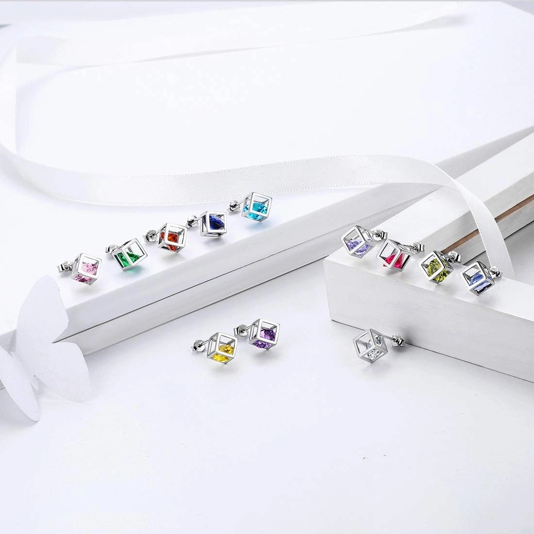 Birthstone Necklace/Earring 925 Sterling Silver Women Cross/3D Cube/Cresent Moon Birth Stone Jewelry Mens Birthday Gift Anniversary Present