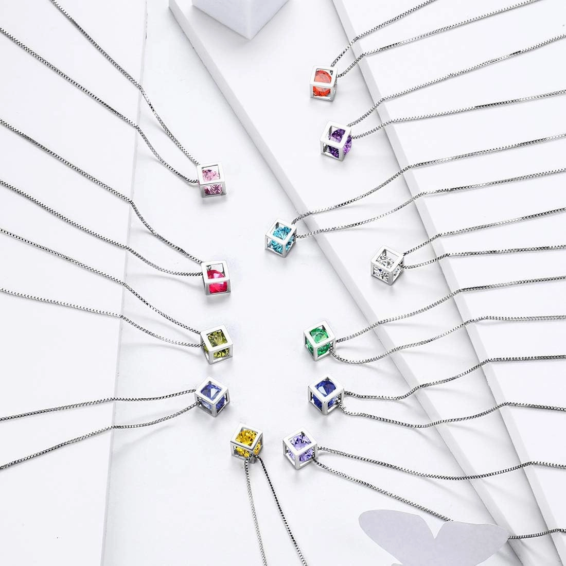 Birthstone Necklace/Earring 925 Sterling Silver Women Cross/3D Cube/Cresent Moon Birth Stone Jewelry Mens Birthday Gift Anniversary Present