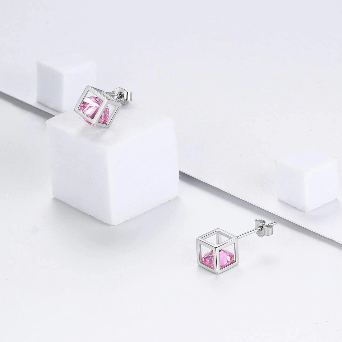 Birthstone Necklace/Earring 925 Sterling Silver Women Cross/3D Cube/Cresent Moon Birth Stone Jewelry Mens Birthday Gift Anniversary Present