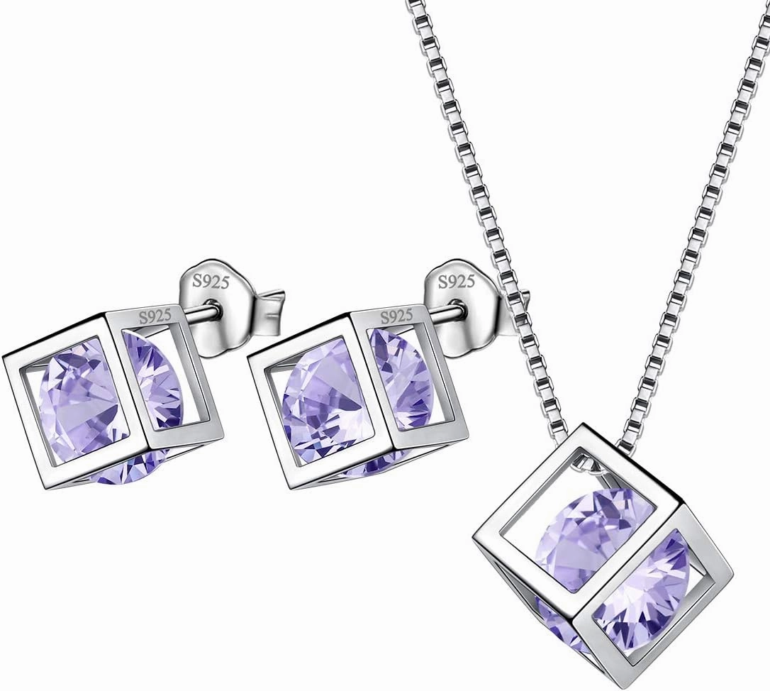 Birthstone Necklace/Earring 925 Sterling Silver Women Cross/3D Cube/Cresent Moon Birth Stone Jewelry Mens Birthday Gift Anniversary Present