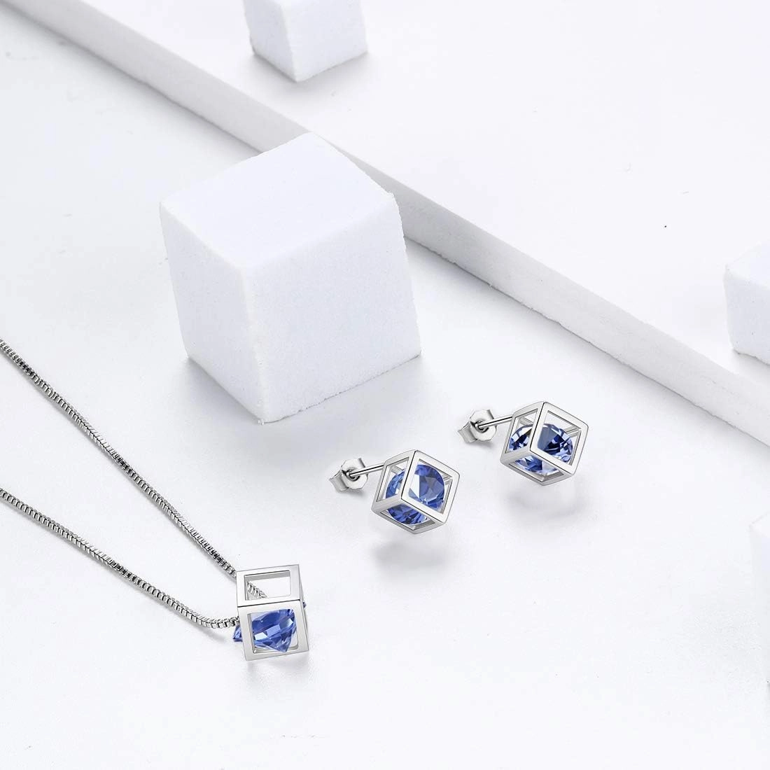 Birthstone Necklace/Earring 925 Sterling Silver Women Cross/3D Cube/Cresent Moon Birth Stone Jewelry Mens Birthday Gift Anniversary Present