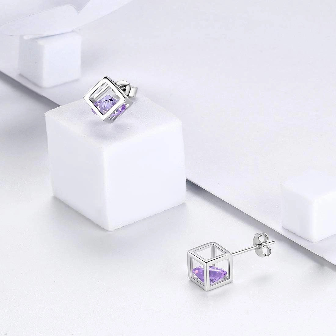 Birthstone Necklace/Earring 925 Sterling Silver Women Cross/3D Cube/Cresent Moon Birth Stone Jewelry Mens Birthday Gift Anniversary Present