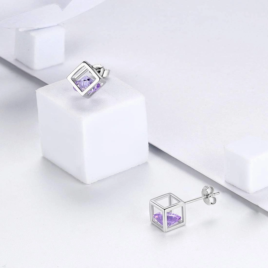 Birthstone Necklace/Earring 925 Sterling Silver Women Cross/3D Cube/Cresent Moon Birth Stone Jewelry Mens Birthday Gift Anniversary Present
