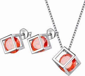 Birthstone Necklace/Earring 925 Sterling Silver Women Cross/3D Cube/Cresent Moon Birth Stone Jewelry Mens Birthday Gift Anniversary Present