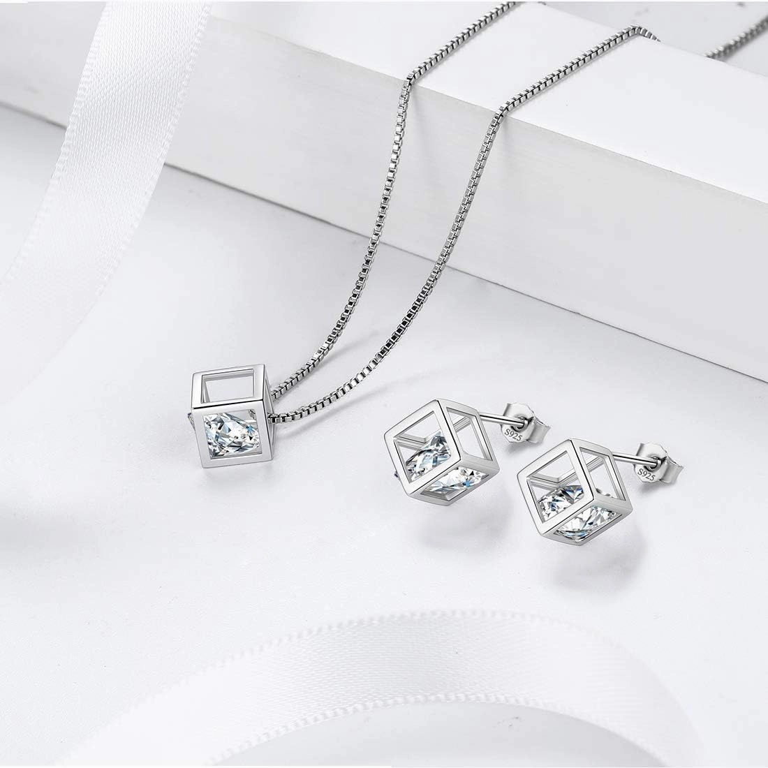 Birthstone Necklace/Earring 925 Sterling Silver Women Cross/3D Cube/Cresent Moon Birth Stone Jewelry Mens Birthday Gift Anniversary Present