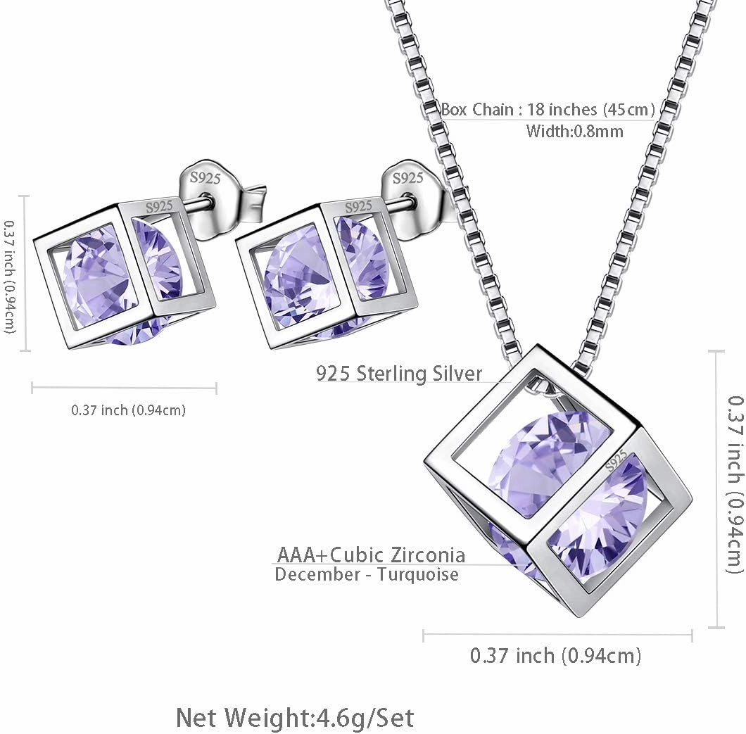 Birthstone Necklace/Earring 925 Sterling Silver Women Cross/3D Cube/Cresent Moon Birth Stone Jewelry Mens Birthday Gift Anniversary Present