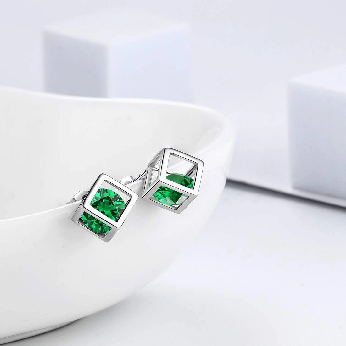 Birthstone Necklace/Earring 925 Sterling Silver Women Cross/3D Cube/Cresent Moon Birth Stone Jewelry Mens Birthday Gift Anniversary Present