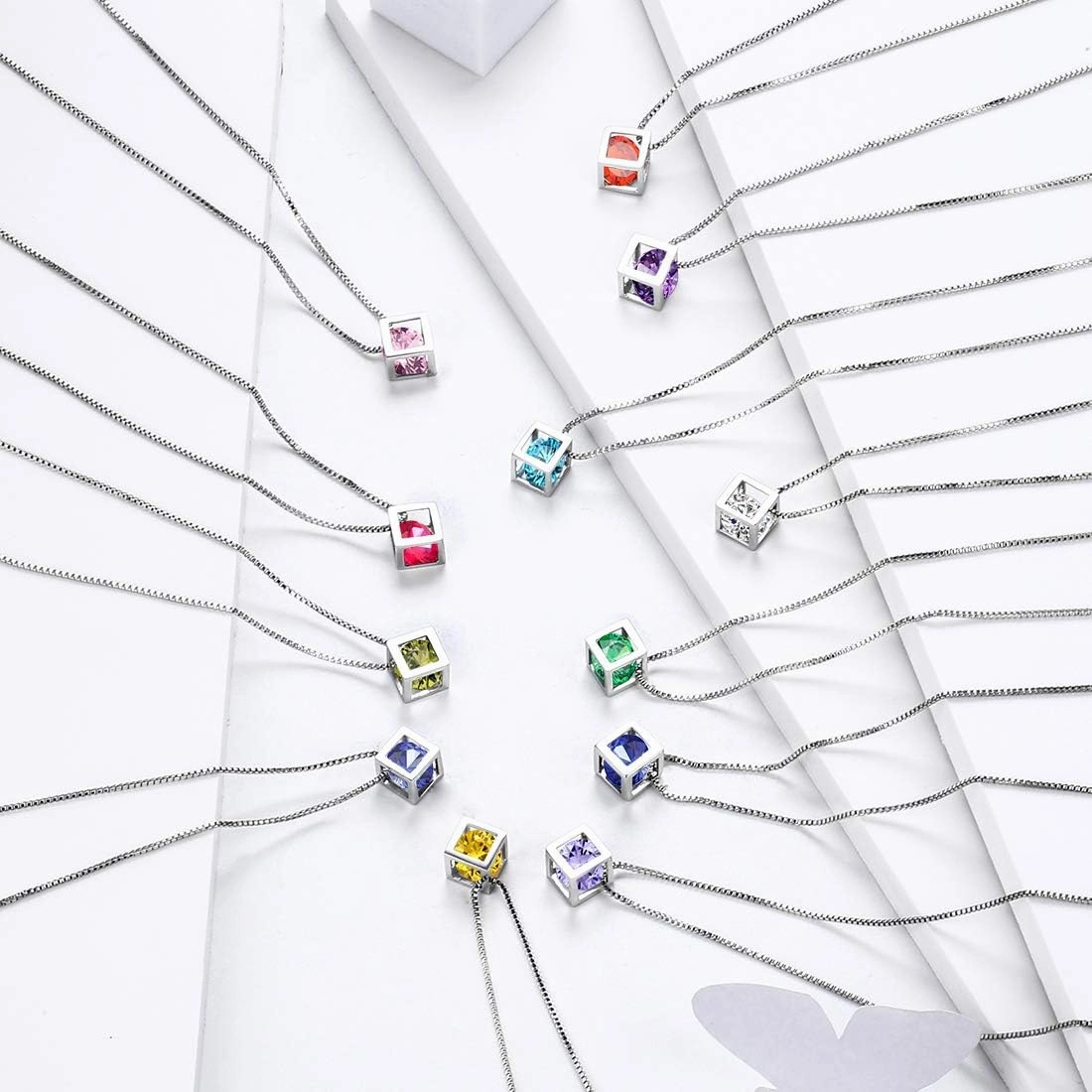 Birthstone Necklace/Earring 925 Sterling Silver Women Cross/3D Cube/Cresent Moon Birth Stone Jewelry Mens Birthday Gift Anniversary Present
