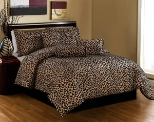 Black/Brown Comforter Set Leopard Print Microfur Bed in A Bag California King Size Bedding