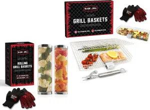 Blazin' Grill Rolling Grill Basket & Grill Basket Bundle | 2 Rolling Grilling Baskets and 2 Grilling Baskets for Outdoor Grilling | Barbecue Grill Set with BBQ Gloves | Portable Camping Net Rack |
