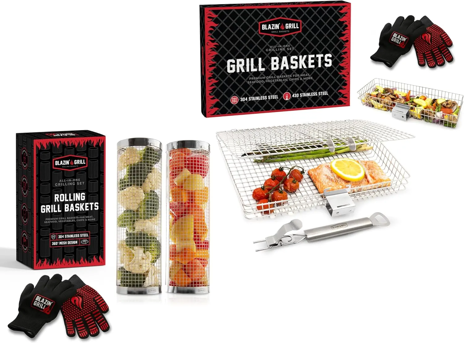 Blazin' Grill Rolling Grill Basket & Grill Basket Bundle | 2 Rolling Grilling Baskets and 2 Grilling Baskets for Outdoor Grilling | Barbecue Grill Set with BBQ Gloves | Portable Camping Net Rack |