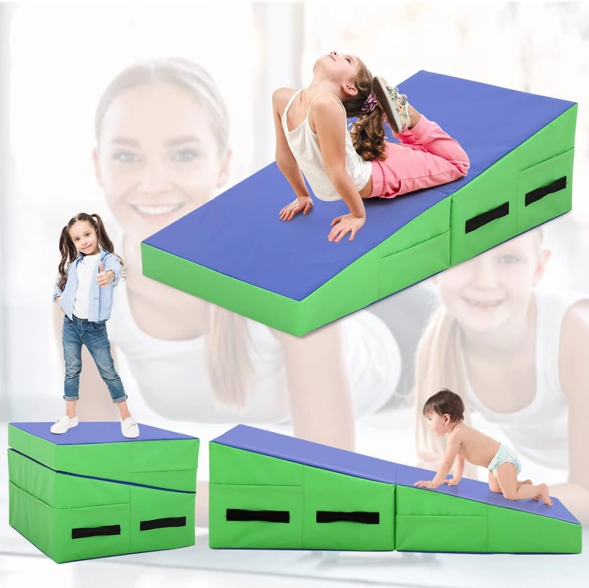 BLKMTY Gymnastics Mat - Incline Tumbling Mat, Folding, Cheese Wedge Design for Kids Indoor/Outdoor Exercise & Yoga
