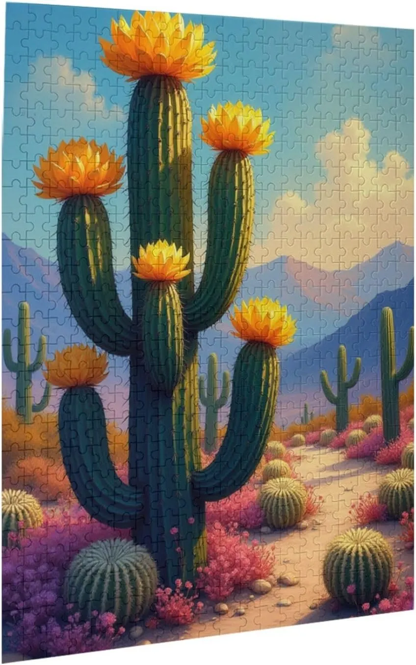 Blooming Desert Cactus 500 Piece Adult Jigsaw Puzzle Challenging and Relaxing Puzzle for Adults Vibrant Colors & Quality Pieces Great Gift Idea for Puzzle Lovers Fun Family Activity.