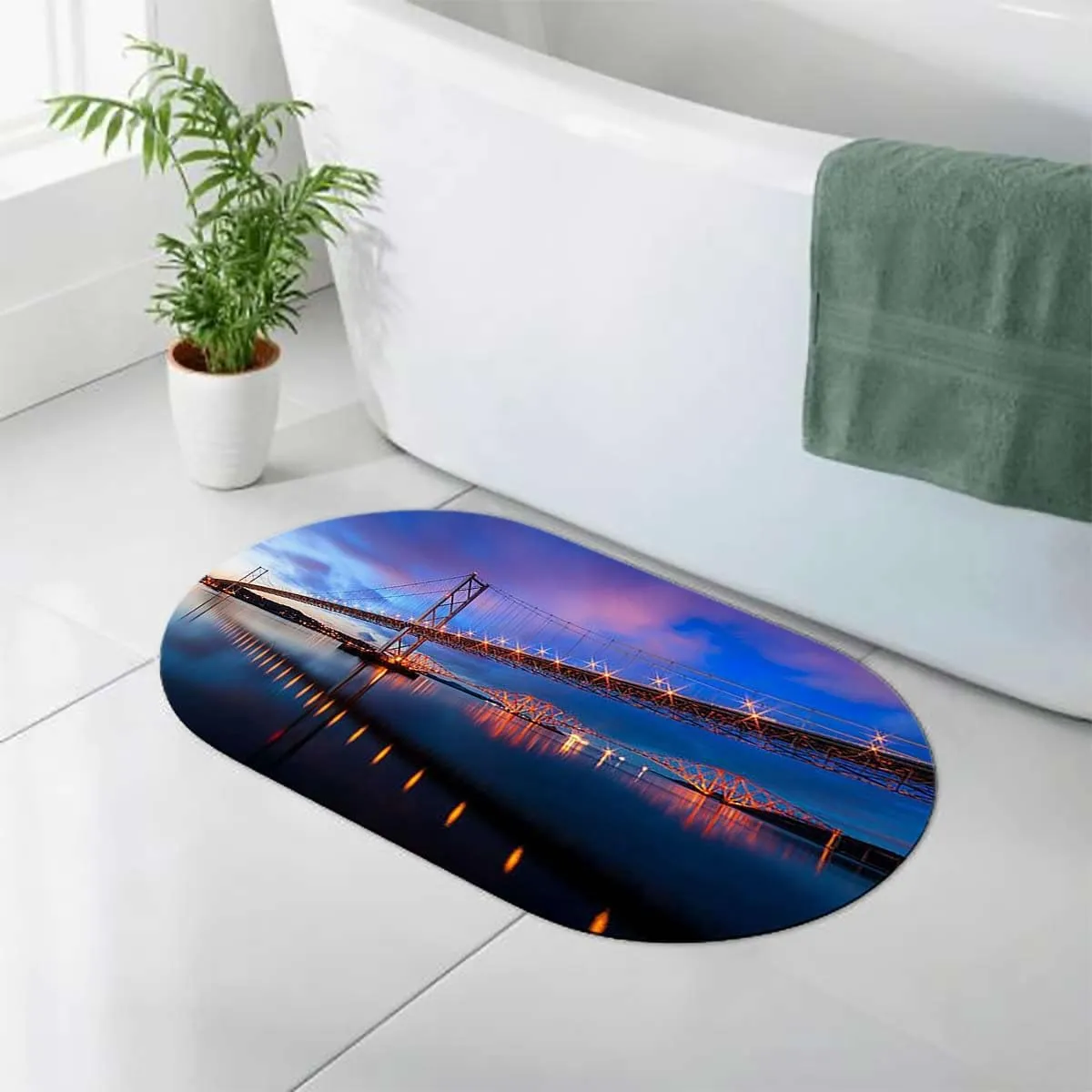 Blue Bright Gold Bath Mat Diatomite Bath Mat Bridge Reflection on Sea Sundown Quick-Dry Diatomaceous Earth Front Door Mat Bath Mat Apartment 15.7x23.6 Inches