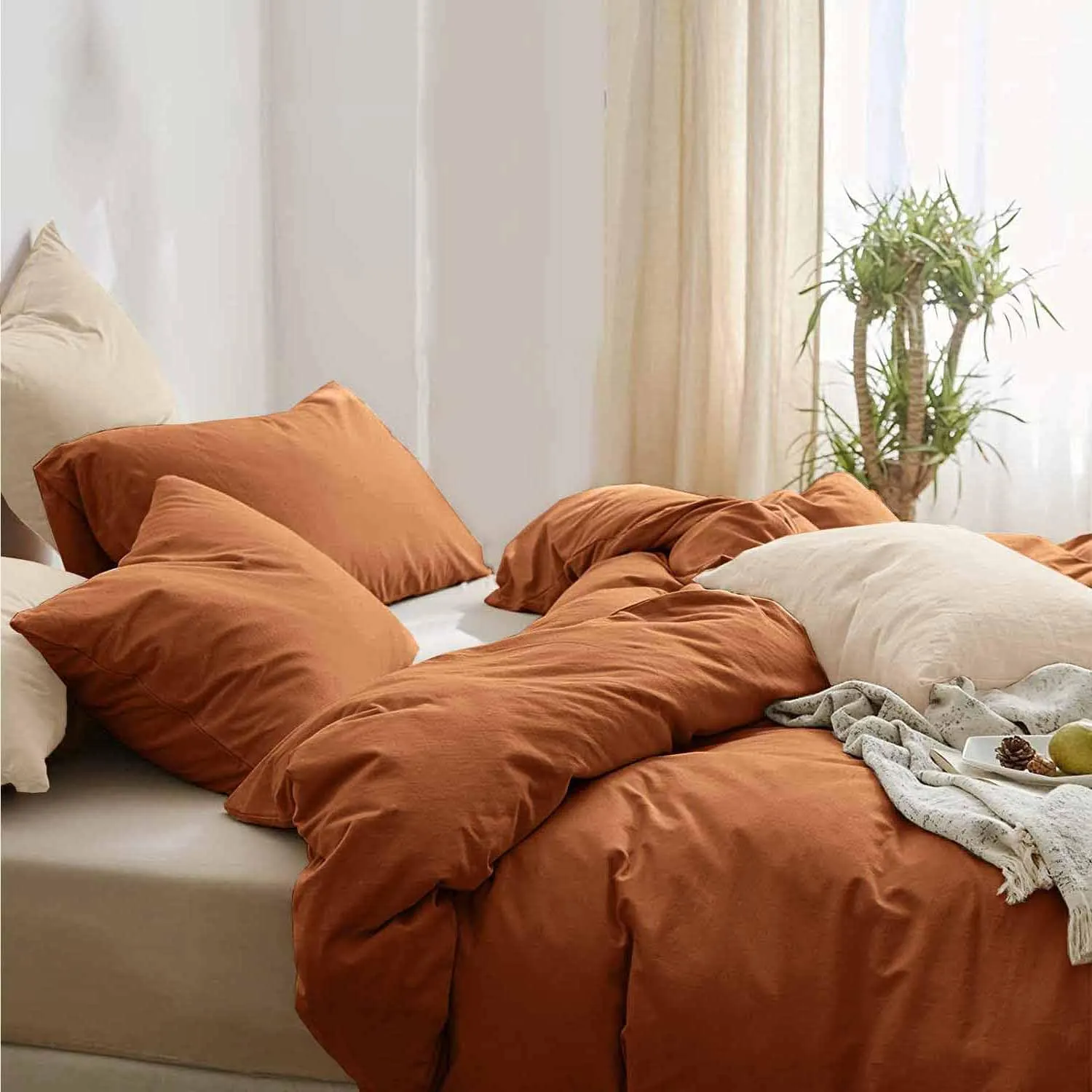 Boho Comforter Full Size Burnt Orange, 3 Piece Soft Terracota Modern Bedding Set, Lightweight Caramel Rust All Season Bed Quilt Blanket with 2 Pillow Shams for Women Men